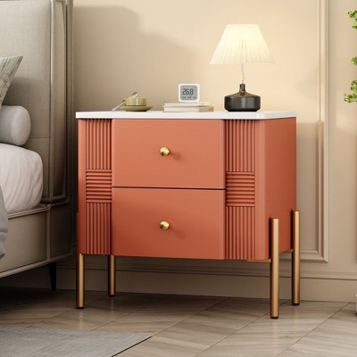 Sapphtopaz Modern Nightstand with 2 Storage Drawer Fluted Night Stand with Golden Handle & Legs Minimalist Bedside Table for Bedroom,Living Room