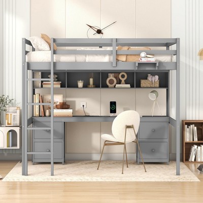 YOOCOZZ Full Size Loft Bed with Built-In Desk, Charging Station, 4 Drawers, 4 Cabinets and Bedside Tray