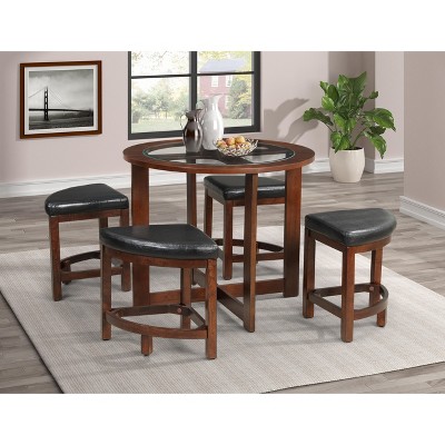 Roundhill Furniture Cylina Solid Wood Glass Top Round Dining Table with 4 Chairs