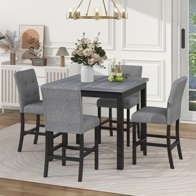 5 Piece Dining Table Set Dining Set with Counter-Height Table, 4 Upholstered Dining Chairs with High Back and Footrest, Gray+Black-ModernLuxe