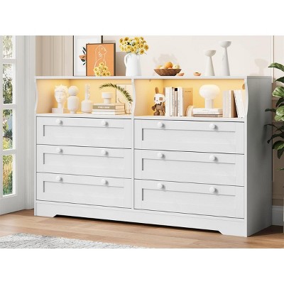 Dresser Chests of Drawers, Wooden 6 Drawer Dresser for Bedroom with Led Light, 55" Wide Wood Dresser with Large Capacity Storage