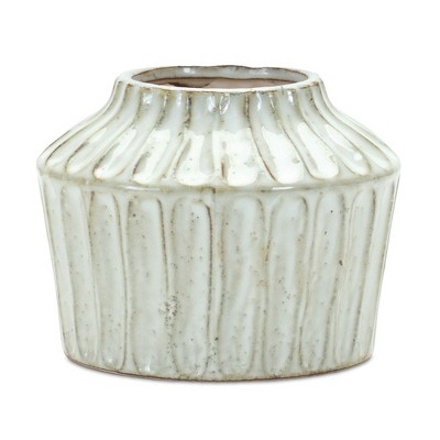 HomeRoots 6" Ivory Ribbed Round Terracotta Table Vase