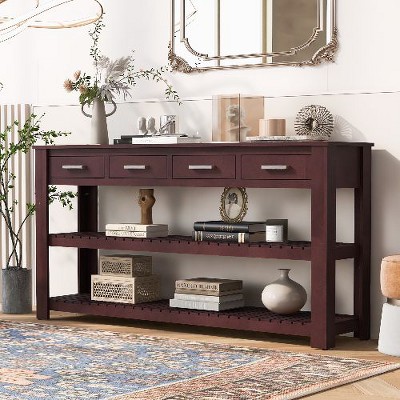 PAGED Vintage Console Table with 4 Drawers and 2 Shelves, Wood Entryway Table with Aluminum Handles, Minimalist Narrow Entryway Sofa Table