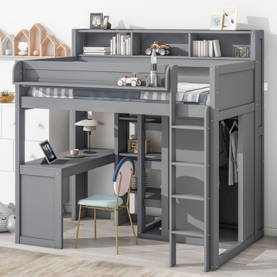 Twin Size Wood Loft Bed with Desk, Multiple Storage Shelves and Wardrobe, Gray/White - ModernLuxe