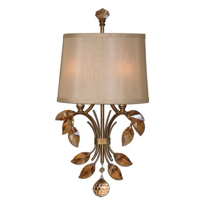 Uttermost Alenya 2-Light Wall Sconce – 22"H x 12"W Burnished Gold with Crystal Leaves and Silken Champagne Shade