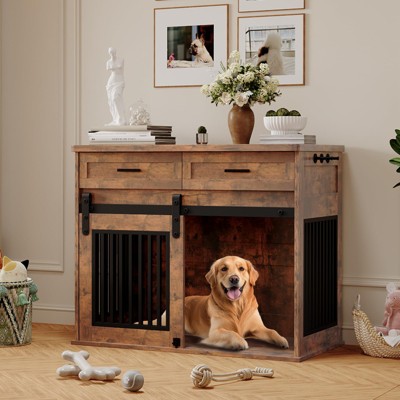 42'' Dog Crate Furniture with Sliding Barn Door - Indoor Wooden Dog Kennel Table with Storage,Rust-Proof Metal Frame - Modern End Table/Coffee Table