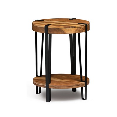 Alaterre Furniture 21" Ryegate Natural Brown Live Edge Solid Wood Round End Table Metal And Wood: Acacia Top, Fixed Shelf