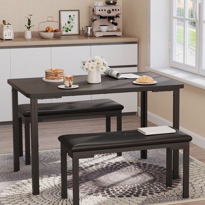 COZONY 43.3" Dining Table Set for 4, 3 Piece Rectangular Kitchen Table with 2 Upholstered Benches, Space-Saving Dining Room Set for Apartment