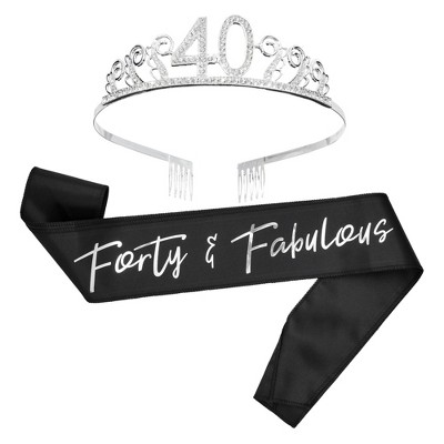 Blue Panda 40th Birthday Sash and Tiara for Women, Forty and Fabulous Party Decorations (Black Satin)