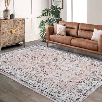 Washable Boho Vintage Area Rug Soft Non-Slip Non-Shedding Faux Wool Carpet for Living Room, Dining Room, Farmhouse, Kids Playroom