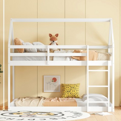 MAYEERTY Twin Rubber Wood Floor BUnk Bed with Ladder, Guardrails, House Shaped Bunk Bed Gray