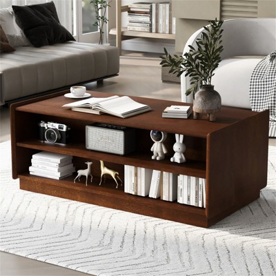 RISOKEYS 47.2" Rectangle Coffee Table - Wood Coffee Table with 4 Drawers and 2 Display Shelves, Fluted Style with Tempered Glass for Living Room