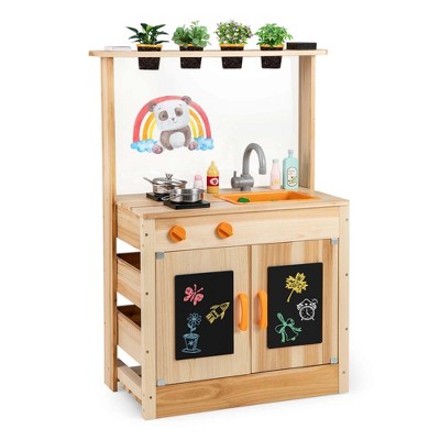 Costway Mud Kitchen for Kids with Planting Pots Stovetops Removable Sink Acrylic Panel