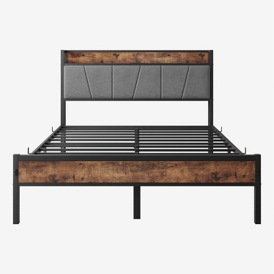 TiramisuBest Full Bed Frame with Storage Headboard & Charging Station, Sturdy Noise-Free Design, No Box Spring & Easy Assembly (Brown/Gray)