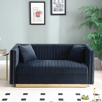 Velvet Loveseat 2-Seater Sofa Upholstered Couch with 2 Pillows, Nailhead Trimming & Low Back - ModernLuxe