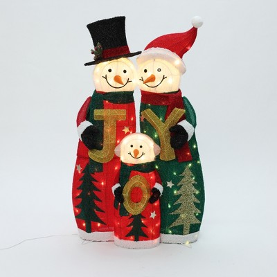 LuxenHome Snowman Family with Joy Greeting Holiday Decoration with Lights for Indoor and Outdoor Red, Green, White, Black