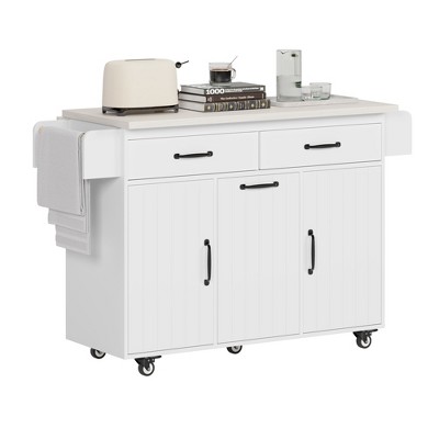Dexmalle White Kitchen Island with Trash Can,Drop Leaf and Towel Rack