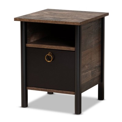 Vaughan Two-Tone Rustic Finished Wood Nightstand Walnut - Baxton Studio: Enclosed Storage, Gold-Tone Pull, Bedroom Furniture