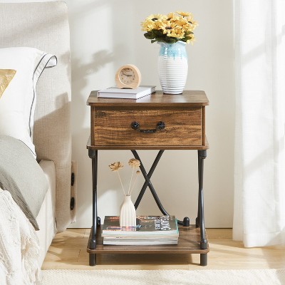 VECELO 1-Drawer Nightstand End Side Table Modern X Design Metal Bedside Table with Open Shelf Brown/Black/White
