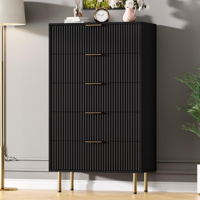 5 Drawer Dresser for Bedroom, 47" Tall Wooden Chest of Drawers with Gold Handle, Fluted Storage Dresser Organizer, Closet Dresser for Bedroom