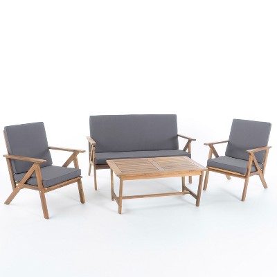 Christopher Knight Home Lissette Outdoor Acacia Wood 4 Seater Chat Set with Cushions, Teak and Dark Gray
