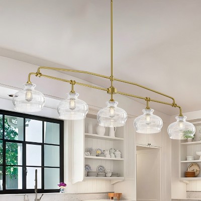 BAOURE Mid-Century Modern Chandelier, 3-Light Brass Kitchen Island Pendant Light, 46.85in Dining Room Light Fixture Over Table with Clear Glass Shades