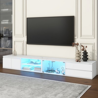 TIRAMISUBEST Contemporary APP-Controlled LED TV Stand with Faux Marble Top, Media Console with Tempered Glass Doors & Drawer