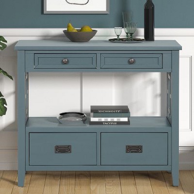 PAGED Vintage Solid Pine Console Table with 4 Drawers & 1 Storage Shelf, 36" Farmhouse Entryway Table, Mixed Handle Design Sofa Table