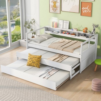 Whisen Twin XL Wood Daybed with 2 Trundles, 3 Storage Cubbies, 1 Light for Free and USB Charging Design