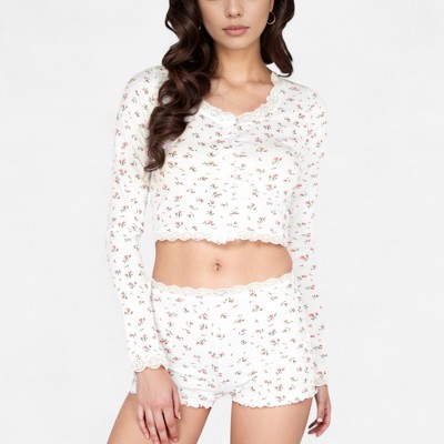 Anna-Kaci Lounge Women's Floral Long Sleeve Pajama Set with Lace Trim Cropped Button Top and High Waist Lounge Shorts