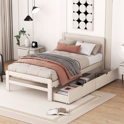 Modern One-Person Platform Bed Frame with 2 Drawers, White Washed