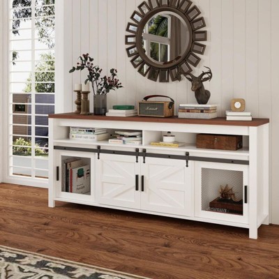 Farmhouse TV Stand, Entertainment Center with Sliding Barn Doors and Mesh Doors, Rustic Wood Industrial Media Console