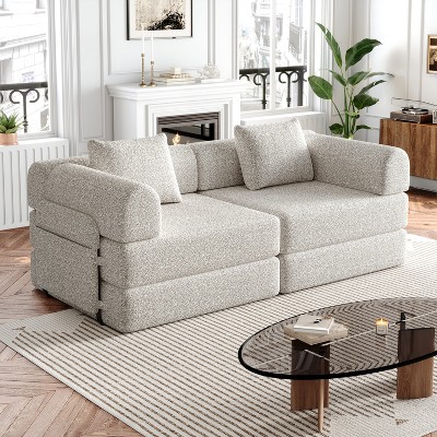 GDFStudio Celia Modern 72.4'' 2-Seater Multi-Functional Convertible Chenille Sofa Bed with 2 Cushions and 2 Side Pockets