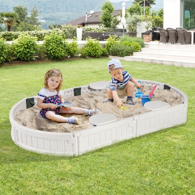 Costway 6F Wooden Sandbox with Built-in Corner Seat, Cover, Bottom Liner for Outdoor Play White/Brown