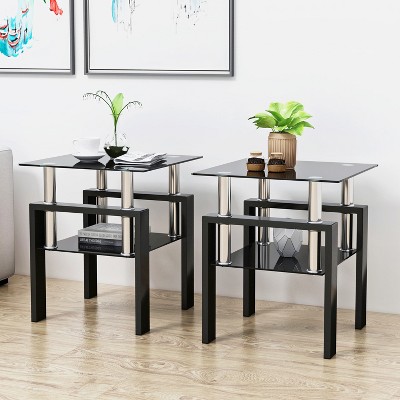 MAYEERTY Modern Tempered Glass Tea Table Coffee Table End Table, Square Table for Living Room, Set of 2£¬Black