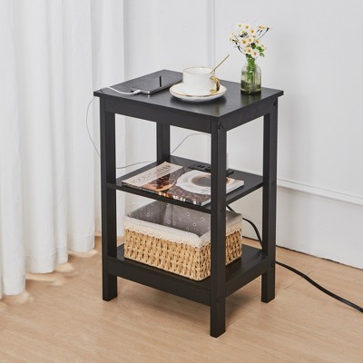 VECELO Modern Nightstand with Charging Station, Side End Table with Storage Shelf for Bedroom or Living Room, Small Spaces, Black/Brown/White