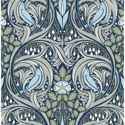 NextWall Navy and Fern Green Bird Ogee Peel and Stick Wallpaper