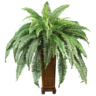 Nearly Natural Boston Fern with Wood Vase Artificial Plant