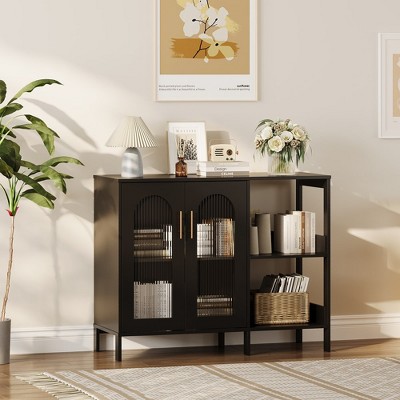 Storage Cabinet with Glass Doors - 39.4'' Modern Buffet Cabinet Credenza with Adjustable Shelf for Dining Room, Entryway & Living Room, Clear Glass