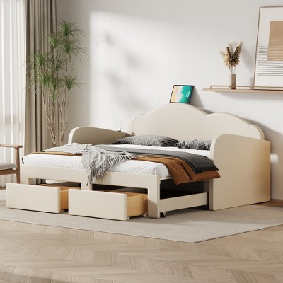 Twin to King Size Upholstered Daybed, Adjustable Platform Bed with Cloud-Shaped Backrest, USB Ports and 2 Drawers-ModernLuxe