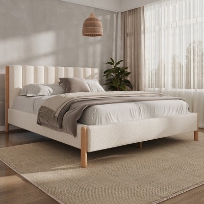Platform Bed Frame with Boucle Upholstered Thick Headboard & Solid Wooden Legs,White -- Frevyn