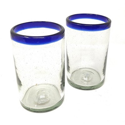 Dos Sueños Mexican Hand Blown Drinking Glasses - Blue Rim - 14oz - Set of 2