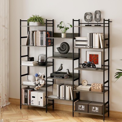 5 Tier Book Shelf, Bookcases and Bookshelves - 5-Tier x 3 Unit with 14 Open Shelves, Wood & Metal Frame Bookshelf for Living Room