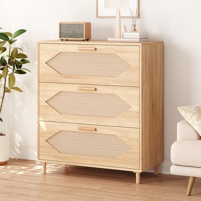 Rattan Dresser with 3 Drawers, Rustic Oak Storage Cabinet for Bedroom, Modern Wood Chest of Drawers for Hallway, Living Room, Entryway