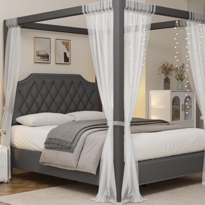 Upholstered Canopy Bed Frame Full Size with Headboard, Button Tufted, Nailhead Trim Design, No Box Spring Required
