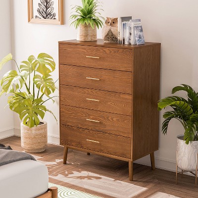 HOMES: Inside + Out Riverstone Mid-Century Modern 5 Drawer Chest with Anti Tip Interlock System Walnut