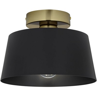 Possini Euro Design McCovey 9 3/4" Modern Semi Flush-Mount Ceiling Light Fixture Kitchen Foyer Hallway Drum Round Black Brass Finish Metal Bedroom