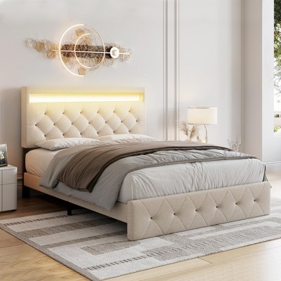 Queen / Full Size Upholstered Bed Frame with Adjustable Headboard Charging Station and Lights