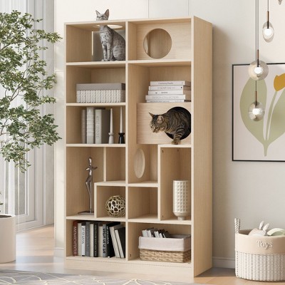 Kumasinova 2-In-1 5-Tier Freestanding Bookcase & Cat House,Multifunctional Cat Tree Display Storage Shelf,Designed for Cats& Books,Natural
