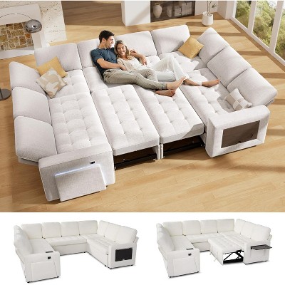 Dyonery 8 Seat Modular Sectional Sleeper Sofa, Pull-Out Bed, Reclining Backrest, USB Ports, Side Table, LED Lighting & Storage Seats